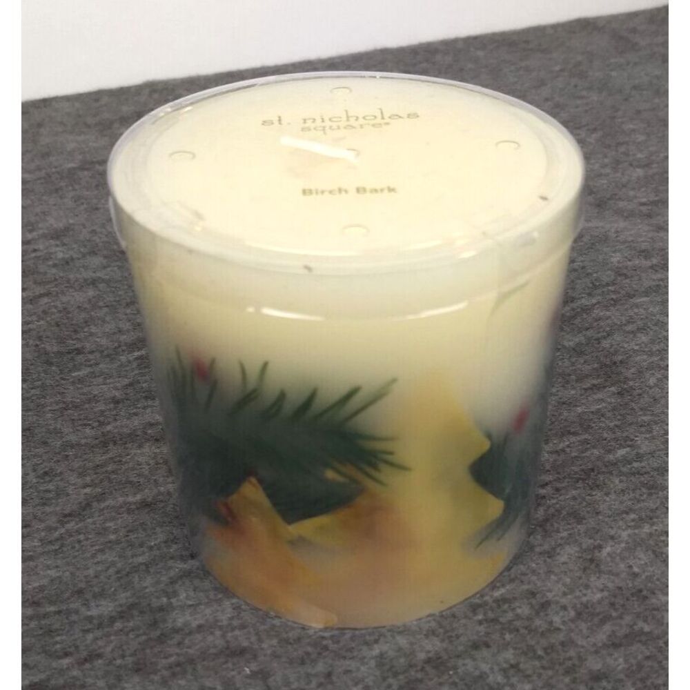 St Nicholas Square Birch Bark Botanical Pillar Candle Christmas‎ Round 4"x4" NEW